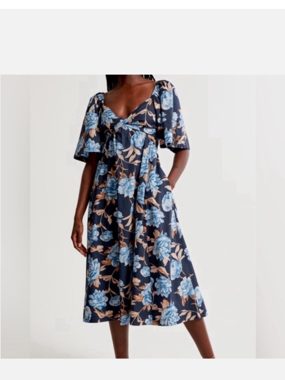 Abercrombie & Fitch angel sleeve twist front midi dress blue floral- size L